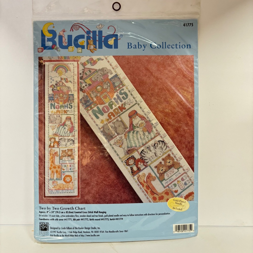 Vintage Bucilla Cross Stitch Kit Baby Growth Chart Noahs Ark 41775 1990s Pastel